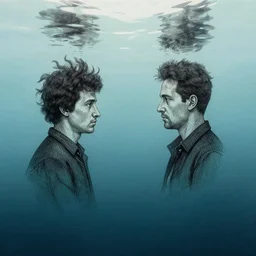underwater by dan mumford and peter doig and edward hopper, symmetrical, minimal, black ink, thick lines highly detailed, muted colours 8 k