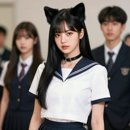 realistic detailed semirealism beautiful gorgeous cute Blackpink Lalisa Manoban wearing Japanese school uniform, black hair black cat ears, black leather choker, proportional body, WLOP, Aztodio, Taejune Kim, sakimichan, ArtGerm, Pixiv, Instagram, Artstation