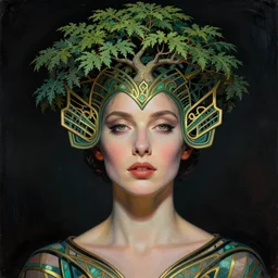 A women with a tree growing out of the top of the head art deco design by Mandy Jurgens and Warhol Ernst Haeckel James Jean artstation concept art