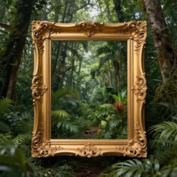 fancy gold baroque frame in middle of jungle