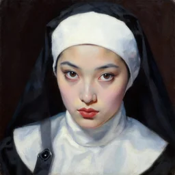 hyperrealism oil painting, close - up portrait shot from above fashion nun model looking up, complete darkness background, in style of classicism mixed with 8 0 s sci - fi japanese books art