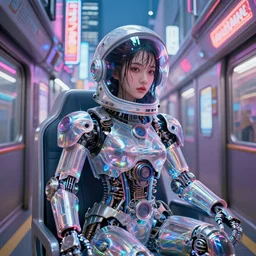 hologram transparent beautiful portrait asian geisha girl, wet hair vertical, engine part alien space helmet, suit from motor parts, sitting on pilot seat, inside Tokyo subway alley, neon signs, glass reflections on top, osaka skyline background, low contrat, digital art, octane render, style