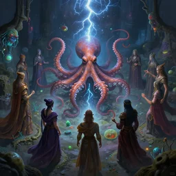 mages in circle summoning an evil octopus beast. lighting, flux, bacteria. fantasy, digital painting, hd, ultra - detailed.