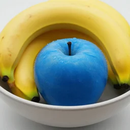 blue apple in a bowl of bananas