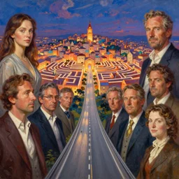 very long motorway leading to an intricate, labyrinthine mediterranean city, luminous skies, ruan jia, mandy jurgens, william - adolphe bouguerea, michael cheval, peter mohrbacher, jessica rossier, oil painting, highly detailed, cinematic lighting