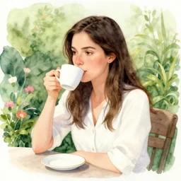clara gonzalez drinking coffee in the garden. watercolor by the award - winning concept artist