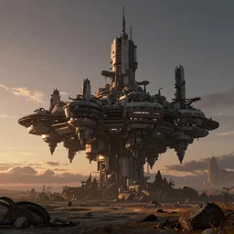 detailed concept art of a brutalist looking planetary space colony, desolate landscape, sunset ilumination, depressing atmosphere. Artstation 4K.