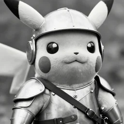 close up of pikachu wearing armour, ww 2 historical photography, black and white