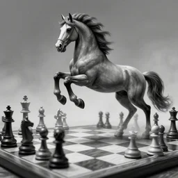 a chess piece comes alive, the horse jumps over the wooden chessboard, fantasy art, in the style of greg rutkowski, illustration, epic, fantasy, intricate, hyper detailed, artstation, concept art, smooth, black and white, sharp focus, ray tracing