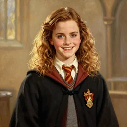 Painting of Emma Watson as Hermione Granger. Wearing Hogwarts!!! robes!!!. Smiling. Happy. Cheerful. Art by william adolphe bouguereau. During golden hour. Extremely detailed. Beautiful. 4K. Award winning.