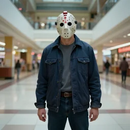 jason voorhees lost in an empty eighties mall after hours, flash photography