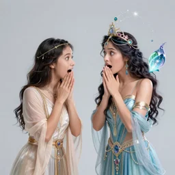 magical genie next to a surprised shocked woman who is dressed as a genie, woman transformed into a genie, trick, screenshot aladdin movie disney cartoon
