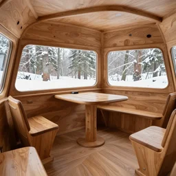 the interior of a 1 9 7 0 s space ship carved out of wood, designed by eero saarinen, trees and snow visible through the windows