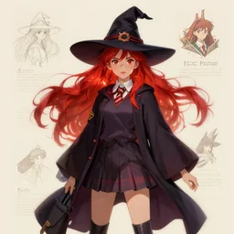character sheet of attractive female student witch by greg rutkowski, magic school uniform, glowing red hair color, by studio ghibli and ross tran, digital art, trending on artstation, highly detailed, concept art, beautiful, masterpiece