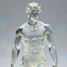 a beautiful glass statue like a young fit man, shiny reflective surfaces, transparent, luminous scene, by greg rutkowski and alphonse mucha, d & d character, gradient white to silver, in front of an iridescent background, highly detailed portrait, digital painting, artstation, concept art, smooth, sharp focus ilustration, artstation hq
