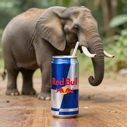 product photography, a can of red bull on a table, an elephant is behind drinking the red bull through a straw