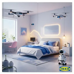 IKEA catalogue photo, cyberpunk teenager bedroom, drones and robots, by Beksiński