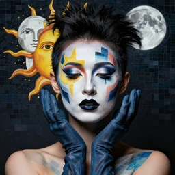 gender ambiguous dancer enraptured in love with abstract makeup in face fused body gloves mullet sun moon symmetrical facial features hyper realistic 4 k rule of thirds extreme detail by gottfried helnwein raqib shaw mc escher tessellation