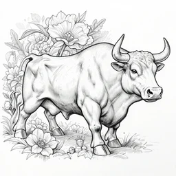 amazing detailed line arts, side view of a charging bull, bold strong lines floral