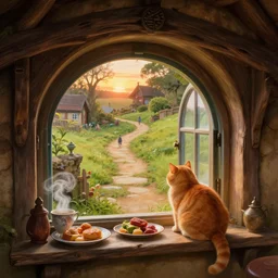 the view from inside a hobbit hole looking out a window into a busy hobbit path with a fat orange cat, by alan lee, sunset, windowsill loaded with steaming food and teacups, window glass reflecting, intricate, highly detailed terrain, digital painting, artstation, concept art, smooth, sharp focus, illustration, vfx