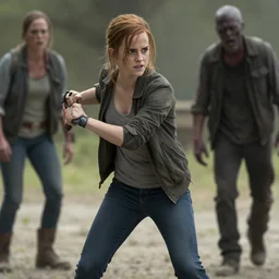 Still of Emma Watson fighting a walker in Walking Dead