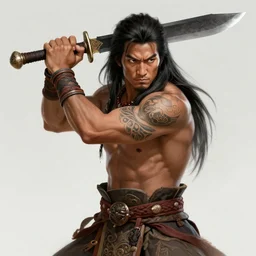 a highly detailed illustration of serious long haired tattooed asian tribal warrior man with machete blade, heroic wielding blade pose, muscular, intricate, elegant, highly detailed, centered, digital painting, artstation, concept art, smooth, sharp focus, league of legends concept art, wlop.
