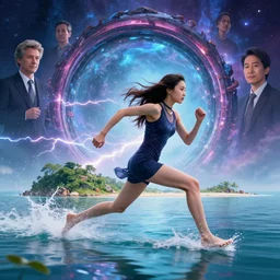 seductive lee jin - eun running on water at super speed, emerging from multiversal galactic portal, splashes of lightning behind her, zooming past a small island, by ilya kuvshinov and peter mohrbacher and ruan jia, and m. k. kaluta, rule of thirds, coherent symmetry, masterpiece, beautiful, 4 k, sharp focus, close up, majestic,