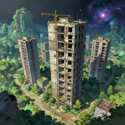 a beautiful detailed anime illustration of architecture nature building townhome city industrial architecture abandoned unfinished building urbex by beeple, poppy forest anime cosmic fisheye extraterrestial, archdaily, wallpaper, highly detailed, trending on artstation.