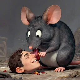 greg rutkowski super large evil mouse eating a human person