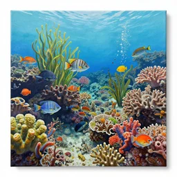 High detailed, realistic image of aquatic wildlife on a coral reef, with high-key lighting and  diverse range of plants and sea creatures, acrylic on canvas