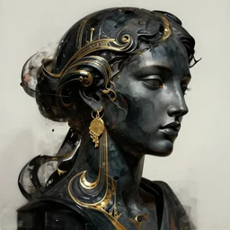 epic concept art. abstract female face silhouette mixing with black and color liquid fluid. abstract sculpture. art deco swirls. golden jewelry, piercings. masterpiece by michelangelo. concept art, matte painting. greg rutkowski, wlop, victo ngai