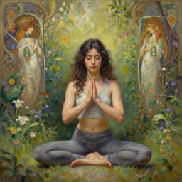 a beautiful intricate oil paint of dark haired girl in yoga pants sitting in a garden doing a sun yoga pose, highly detailed, digital painting, artstation, concept art, matte, sharp focu, octane render, well rendered, art by artgerm, by greg rutkowski, by alphonse mucha, by peter gric