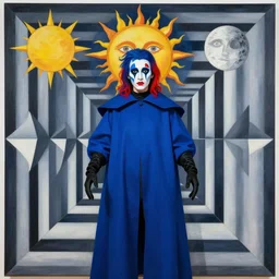 person falling with abstract face makeup long blue cloak black gloves blue red light mullet mc escher tessellation sun moon symmetrical facial features portrait hyper realistic 4 k rule of thirds extreme detail by gottfried helnwein josef albers
