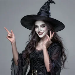 female Camila Mendes, as a pretty witch, fun smile, pale face, symmetrical face, slender, realistic character concept, medium shot, fun pose, illustration, artstation, cinematic lighting, hyperdetailed, cgsociety, 8k, high resolution, insanely detailed and intricate, beautiful