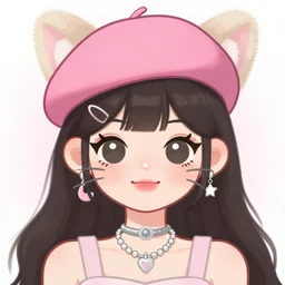 a vrchat avatar girl with fuzzy bunny ears, whiskers like a cat, and a big pink beret, anime style, cel shaded, cute, kawaii, jewelry