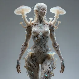 an analog organic theriomorphic holobiont in the shape of a woman body, concept art, mycorrhiza, mushroom, translucidluminescence, intricate, kim jung gi, james jean, shaun tan, analog detail, cinematic, epic wide shot, ultra detailed, sharp focus, smooth, physically rendering, photorealistic, 8 k