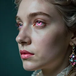 hyperrealistic very detailed rococo profile of woman with pink eyes and jewel mouth matte painting concept art very dramatic dark teal lighting wide angle 35mm shallow depth of field 8k