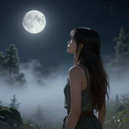 girl looks at the space, d & d, fantasy, mist, space moon in background, trees, hyper detailed, midium shot, 8 k realistic, cryengine, digital painting, trending on artstation, concept art, sharp focus, illustration,