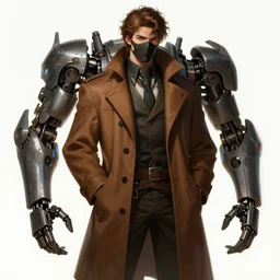 a highly detailed illustration of thick wavy brown haired young white guy wearing brown coat and face mask, extra mechanical arms on his back, dramatic hands in pocket standing pose, intricate, elegant, highly detailed, centered, digital painting, artstation, concept art, smooth, sharp focus, league of legends concept art, WLOP