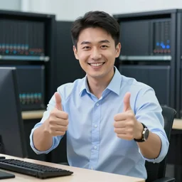 a photo of a system administrator smiling and doing a double thumb up to the camera in front of burning servers, he's happy despite having servers in flames behind him, fire in the background