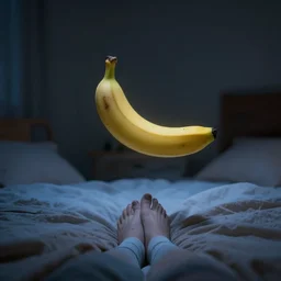 banana floating creepily above the foot of the bed at night