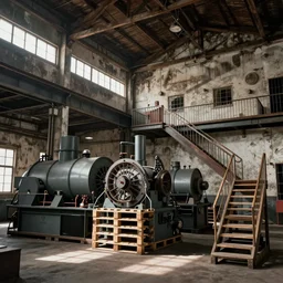 an old warehouse, large machines on wooden pallets, stairs, rafters, walkways, balconies