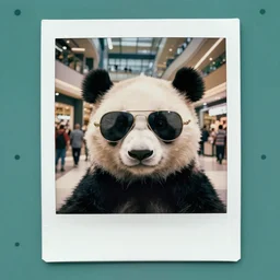grainy head to shoulder portrait polaroid film photograph of a panda in a mall wearing aviator shades. plain teal background with polkadots. super resolution. surreal. extremely detailed. polaroid 6 0 0 film. by annie leibovitz and richard avedon