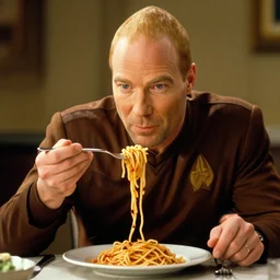 captain picard eats spaghetti photo realistic