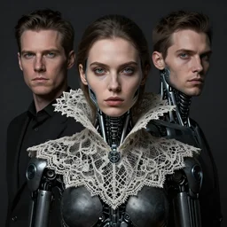 a portrait of female model by stefan geselle and nekro borja, photorealistic, biomechanical, intricate details, hyper realistic, big lace colar, dark beauty, photorealistic, canon r 3, photography, wide shot, photography, dark beauty, symmetrical features