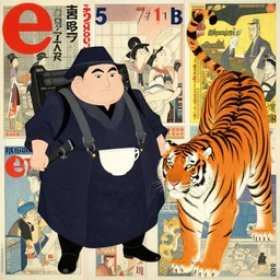 a delorean and a tiger, colourful magazine collage, art by hsiao - ron cheng and utagawa kunisada, # e 5 3 7 1 b, # e 4 e 6 2 0, # de 9 5 f 0