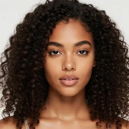 a very beautiful, sexy girl with dark complexion, long, curly, afro hair, stylistic oval black eyes, half - frame square glasses, grey hoodie opened, white tank top, white gloves, denim jeans, character art, digital art, cel shaded, character art