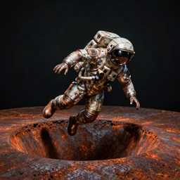 a beautiful metal rust realistic sculpture of a cosmonaut falling into the abyss by louis sullivan, dark background