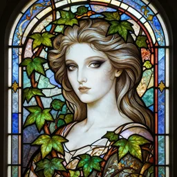 a stunningly detailed stained glass window of a beautiful poison ivy with white skin, dark eyeliner, intricate, elegant, highly detailed, digital painting, artstation, concept art, sharp focus, illustration, art by greg rutkowski and alphonse mucha