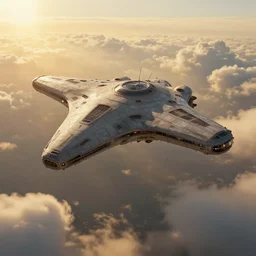large alien spaceship souring through clouds, detailed, high quality, ultra detail, top light, resources background, gold, sunny, puffy clouds, cinematic, concept art